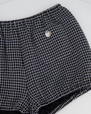 Chanel Black and White Checkered Micro Shorts with Silver Metallic Details and Silver CC Logo Buttons Size FR 36 (UK 8)