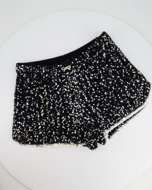 Chanel Spring 2023 Black Sequin Embellished Crocheted Shorts with Silver Crystal Embellished Bow Detail Size FR 38 (UK 10)