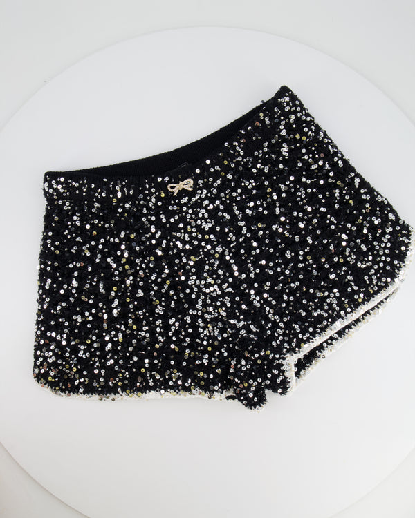 Chanel Spring 2023 Black Sequin Embellished Crocheted Shorts with Silver Crystal Embellished Bow Detail Size FR 38 (UK 10)