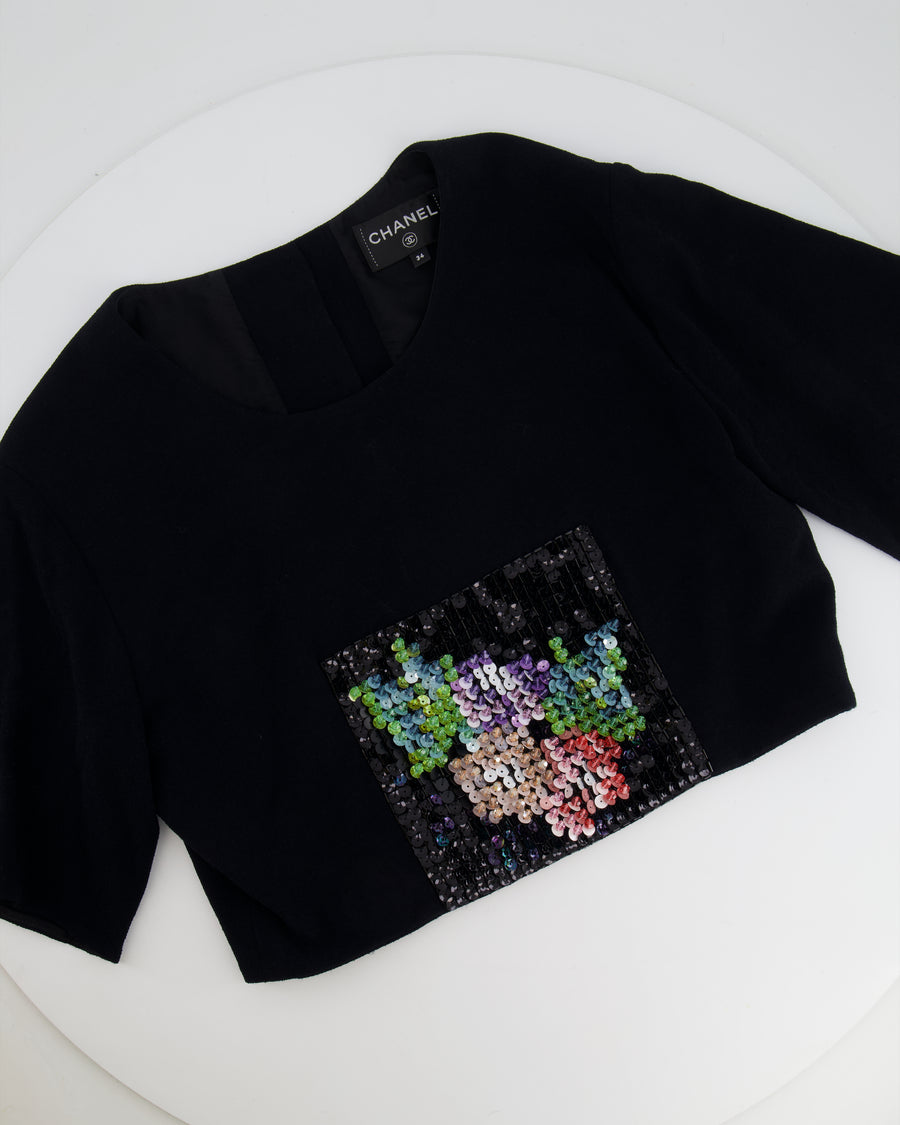 Chanel Métiers d'Art 2023 Black Cropped Top with Multi-Colour Sequin Patch Detail and Back Gold CC Logo Buttons Size FR 34 (UK 6)