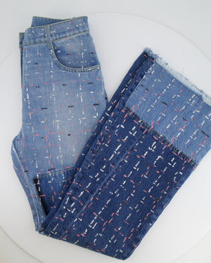 Chanel Métiers d'Art 2023 Denim Patchwork Jeans with Pink, Silver and Black Micro Sequin Details and Silver CC Logo Button Size FR 34 UK 6