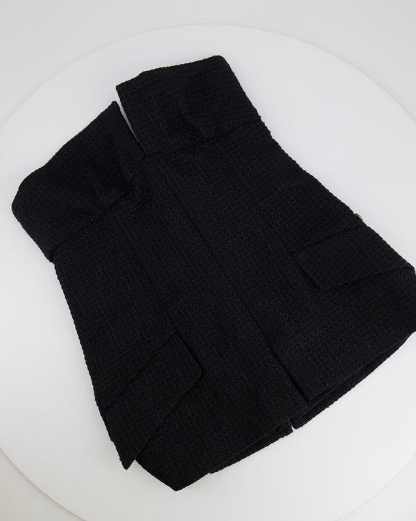 Chanel Black Shimmery Sleeveless Tweed Bustier Top with Silver CC Logo Button Size FR 34 (UK 6)