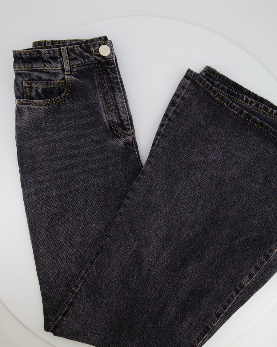 Chanel Dark Grey Boot-Cut Jeans with Crystal Logo Detail and Champagne Gold CC Logo Button Size FR 36 (UK 8)