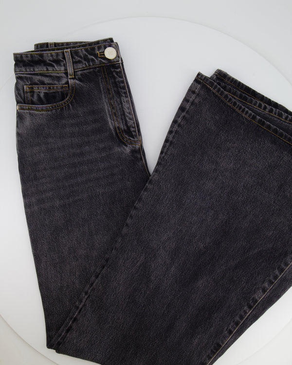 Chanel Dark Grey Boot-Cut Jeans with Crystal Logo Detail and Champagne Gold CC Logo Button Size FR 36 (UK 8)