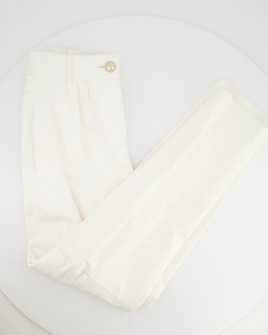 Chanel Resort 2019 La Pausa White Leather Trousers with Gold and Pearl Embellished CC Logo Button Size FR 36 (UK 8)