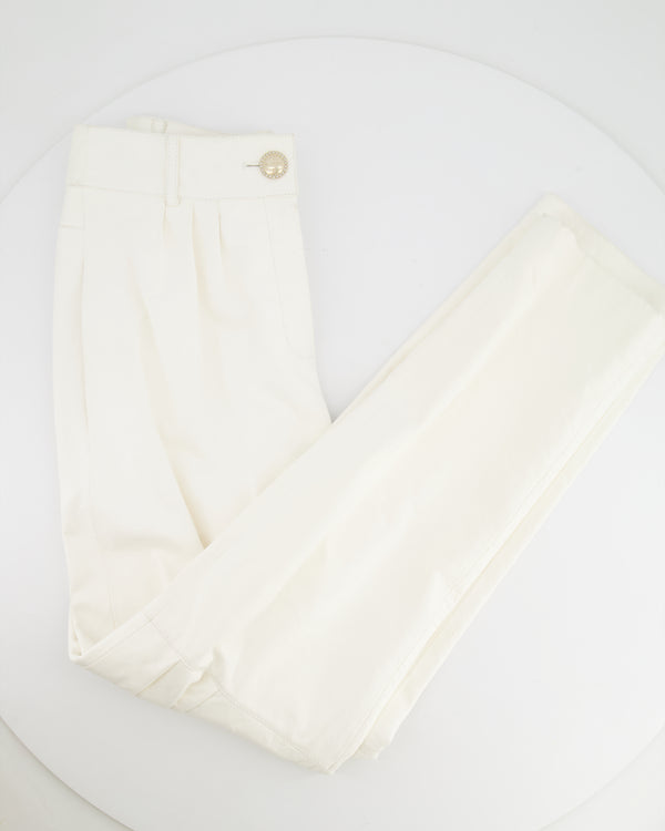 Chanel Resort 2019 La Pausa White Leather Trousers with Gold and Pearl Embellished CC Logo Button Size FR 36 (UK 8)