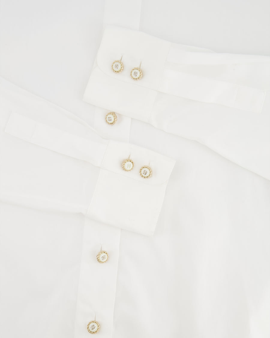Chanel White Button Down Shirt with Gold and White CC Logo Buttons Size FR 34 (UK 6)