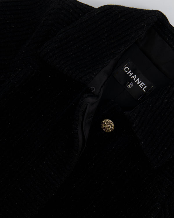 Chanel Black Shimmery Wool Long Coat with Gold CC Logo Buttons Size FR 34 (UK 6)