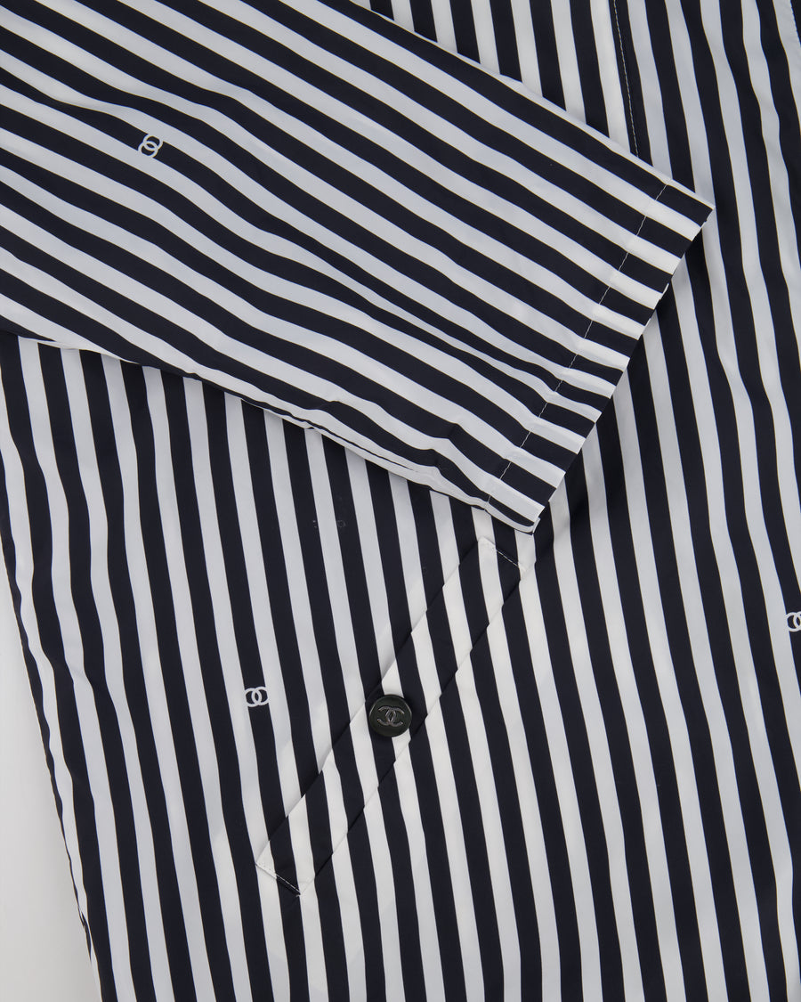 Chanel Black and White Striped Hooded Anorak Jacket with CC Logo Prints and CC Logo Buttons Size FR 36 (UK 8)