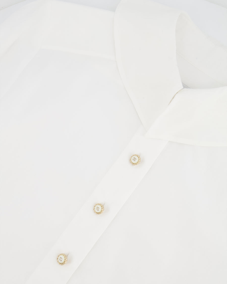 Chanel White Button Down Shirt with Gold and White CC Logo Buttons Size FR 34 (UK 6)