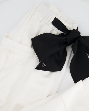 Chanel White Silk Trousers with Black Belt and Crystal CC Logo Detail Size FR 36 (UK 8)