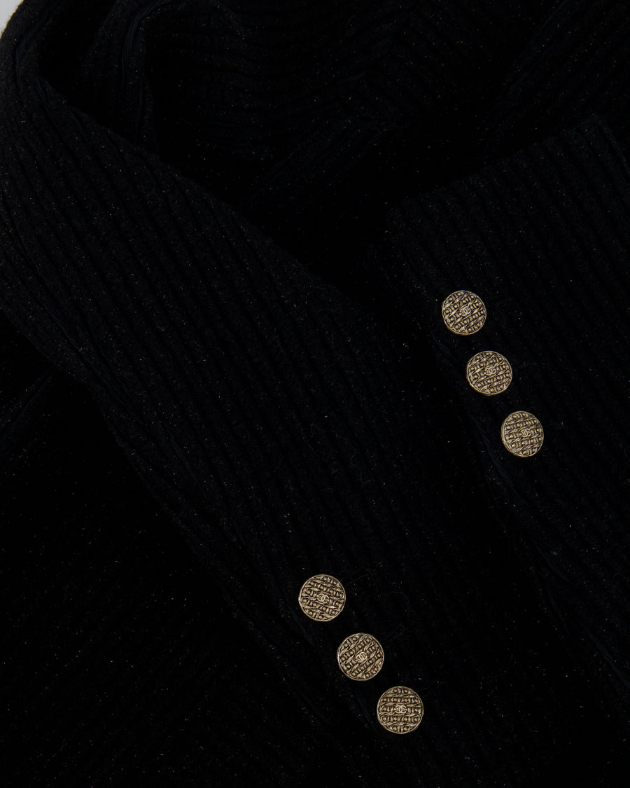 Chanel Black Shimmery Wool Long Coat with Gold CC Logo Buttons Size FR 34 (UK 6)