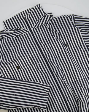 Chanel Black and White Striped Hooded Anorak Jacket with CC Logo Prints and CC Logo Buttons Size FR 36 (UK 8)