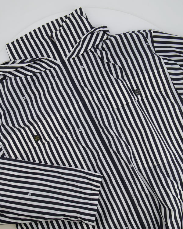 Chanel Black and White Striped Hooded Anorak Jacket with CC Logo Prints and CC Logo Buttons Size FR 36 (UK 8)