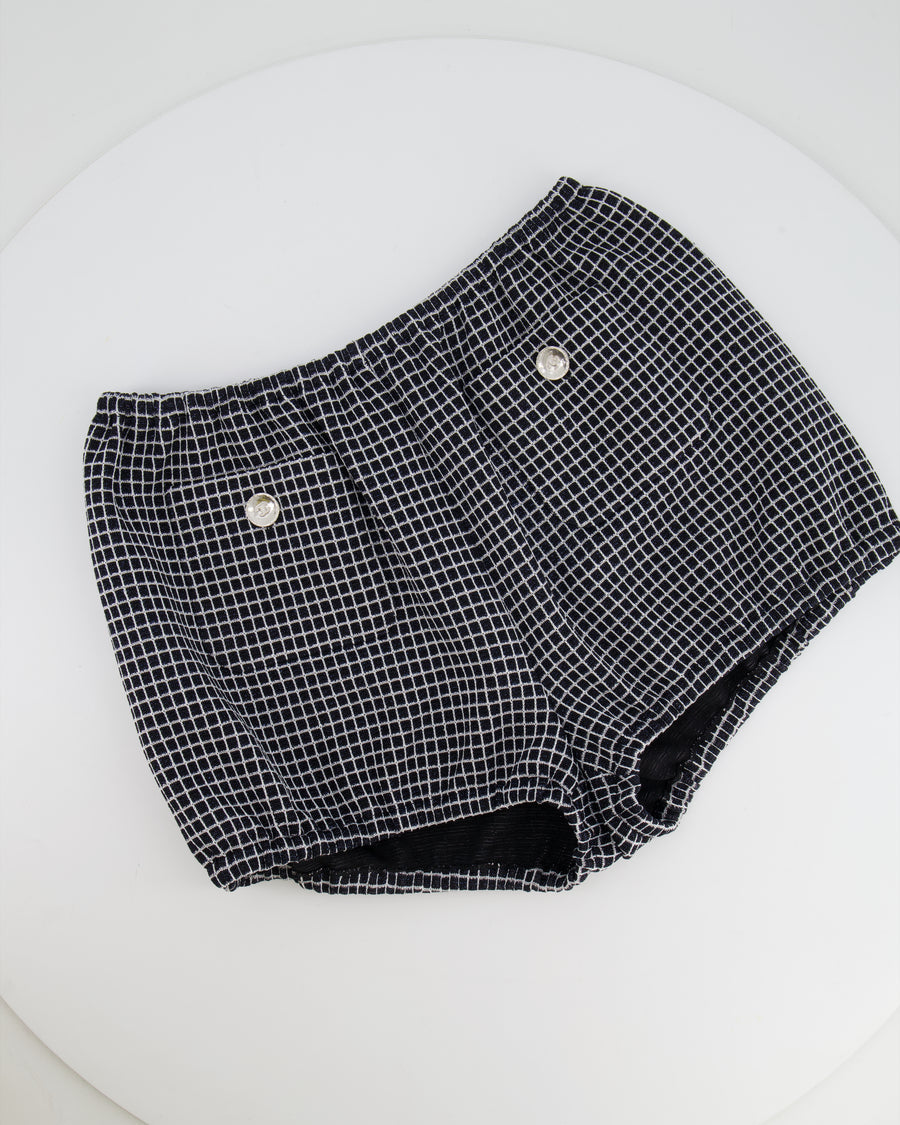 Chanel Black and White Checkered Micro Shorts with Silver Metallic Details and Silver CC Logo Buttons Size FR 36 (UK 8)