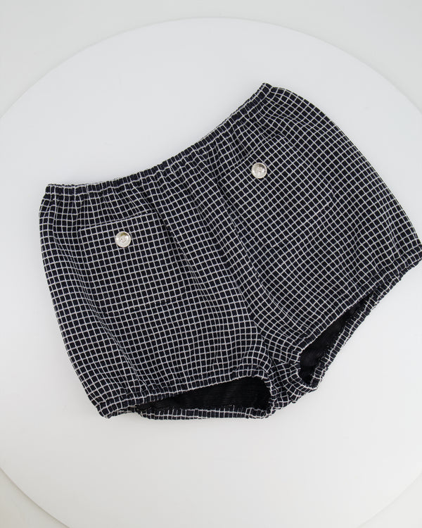 Chanel Black and White Checkered Micro Shorts with Silver Metallic Details and Silver CC Logo Buttons Size FR 36 (UK 8)