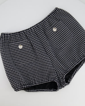 Chanel Black and White Checkered Micro Shorts with Silver Metallic Details and Silver CC Logo Buttons Size FR 36 (UK 8)