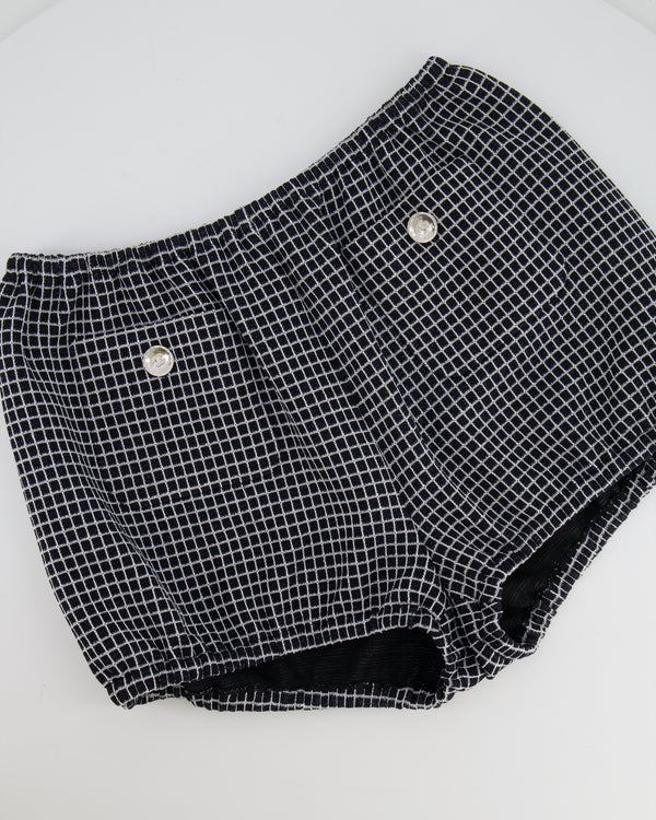 Chanel Black and White Checkered Micro Shorts with Silver Metallic Details and Silver CC Logo Buttons Size FR 36 (UK 8)