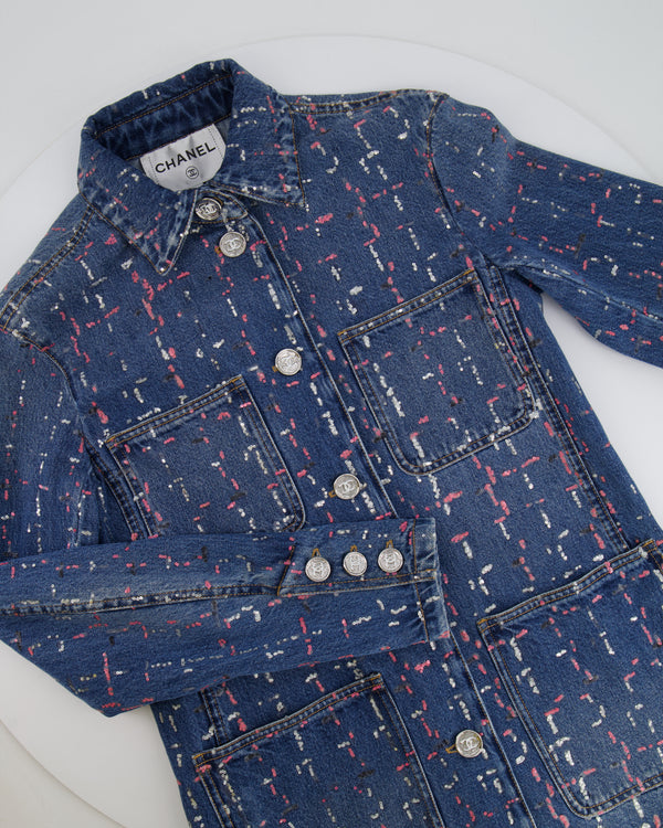 Chanel Métiers d'Art 2023 Denim Jacket with Pink and Silver Micro Sequin Details and Silver CC Logo Buttons Size FR 36 (UK 8)