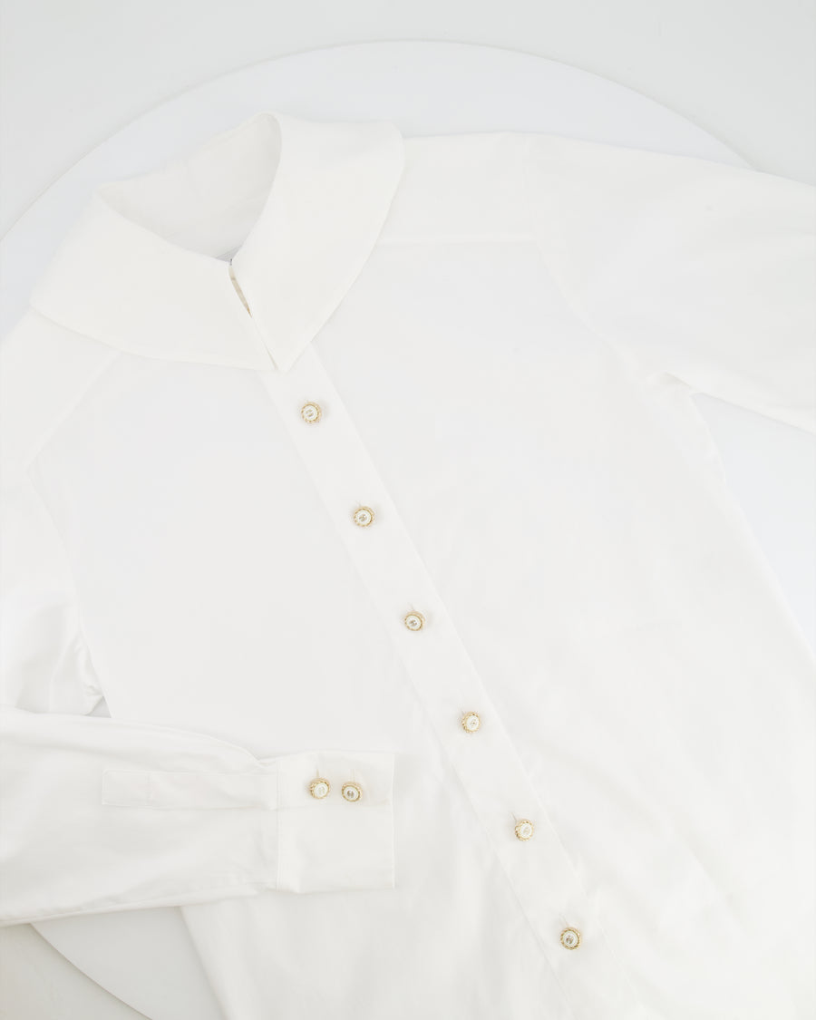 Chanel White Button Down Shirt with Gold and White CC Logo Buttons Size FR 34 (UK 6)