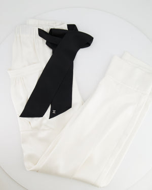 Chanel White Silk Trousers with Black Belt and Crystal CC Logo Detail Size FR 36 (UK 8)