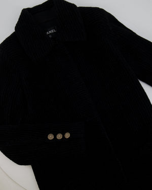 Chanel Black Shimmery Wool Long Coat with Gold CC Logo Buttons Size FR 34 (UK 6)