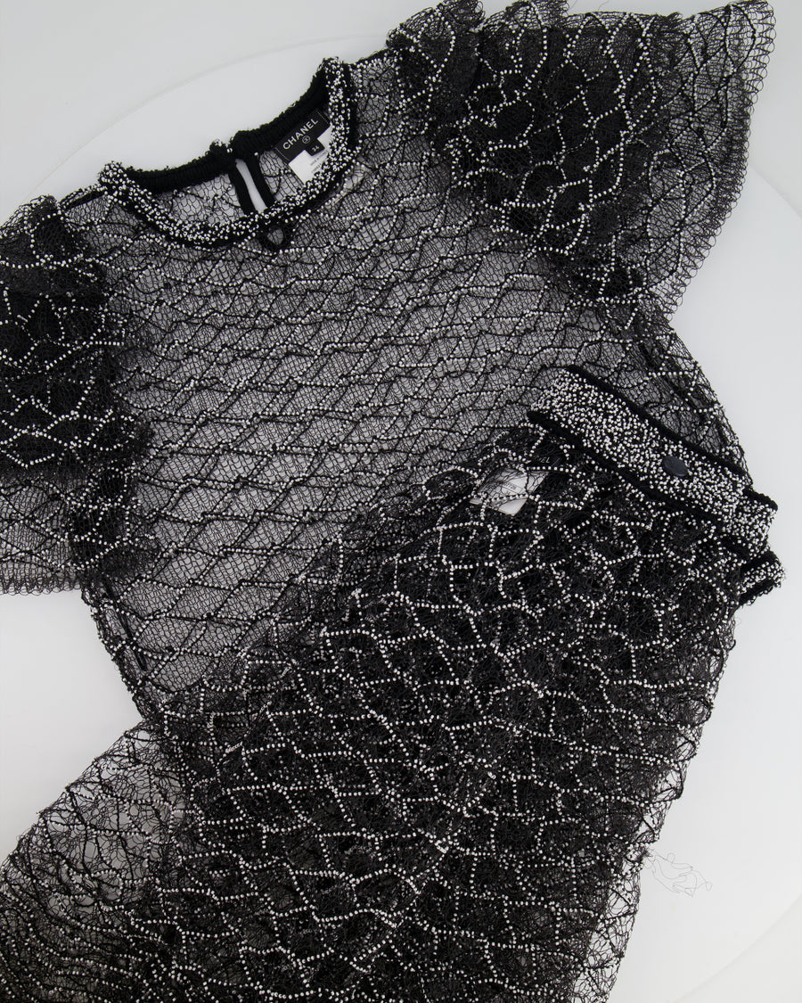 Chanel Spring 2018 Black and Pearl Metallic Caged Top and Skirt Set Size FR 34 (UK 6)
