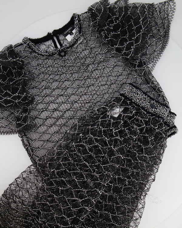 Chanel Spring 2018 Black and Pearl Metallic Caged Top and Skirt Set Size FR 34 (UK 6)