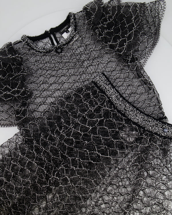 Chanel Spring 2018 Black and Pearl Metallic Caged Top and Skirt Set Size FR 34 (UK 6)