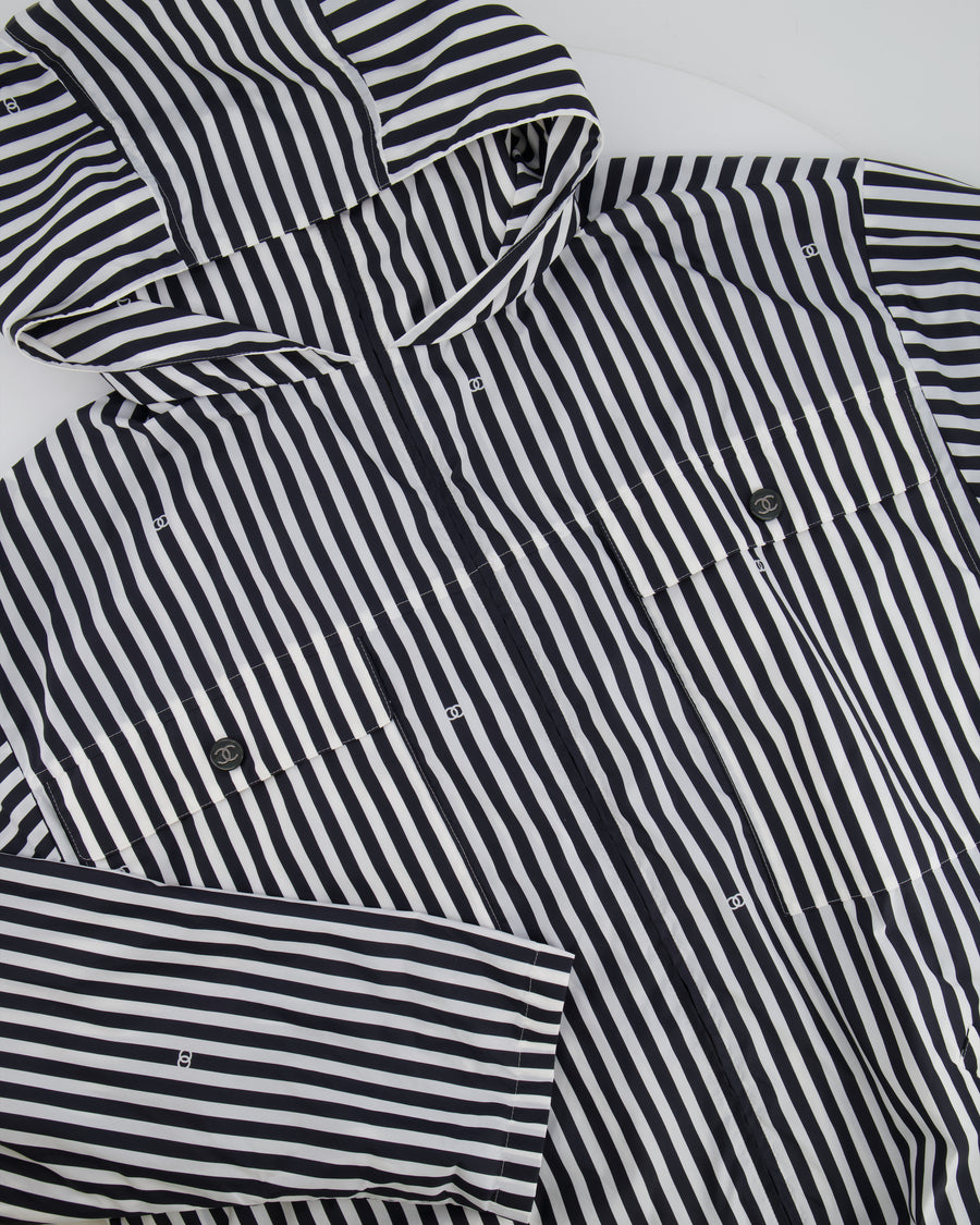 Chanel Black and White Striped Hooded Anorak Jacket with CC Logo Prints and CC Logo Buttons Size FR 36 (UK 8)