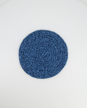 Hermès Light Blue and Navy Crochet Beret Hat with Logo Button Detail Size M