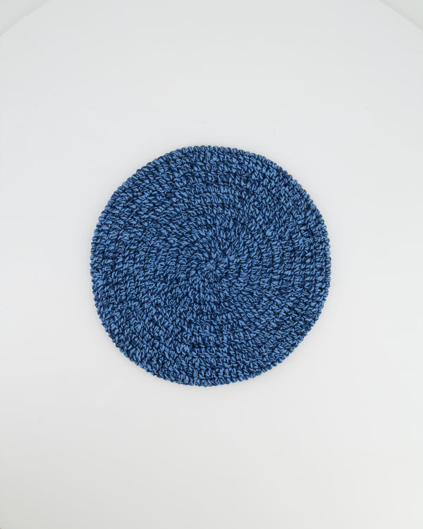 Hermès Light Blue and Navy Crochet Beret Hat with Logo Button Detail Size M