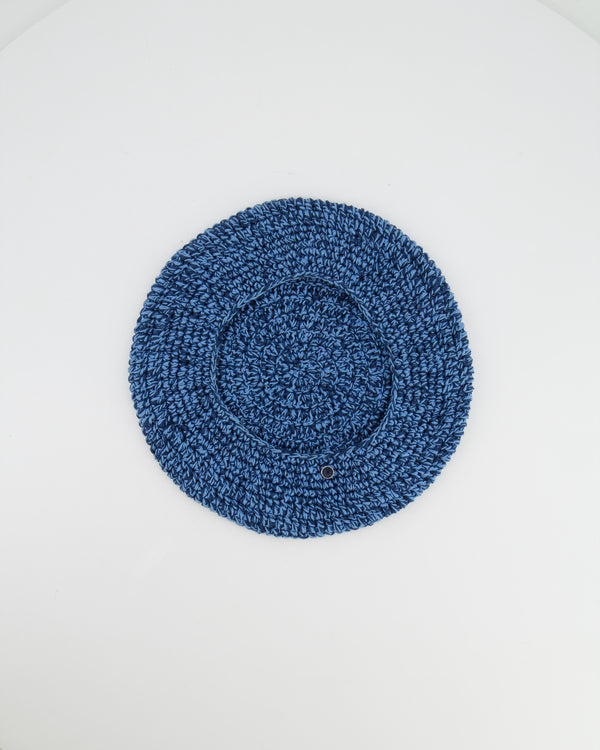 Hermès Light Blue and Navy Crochet Beret Hat with Logo Button Detail Size M
