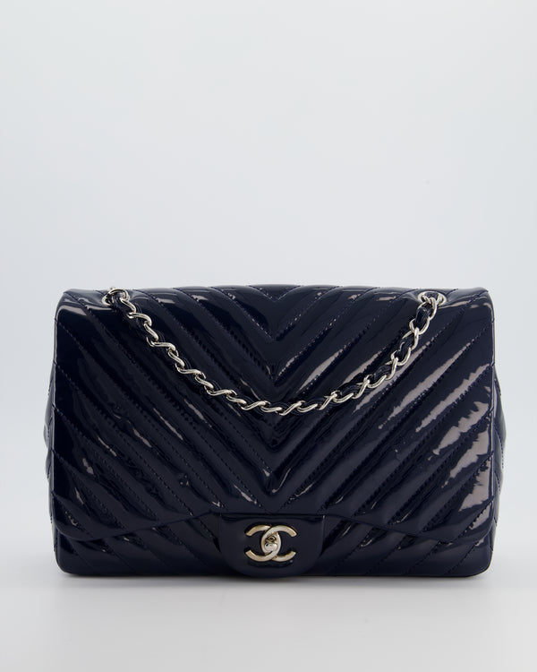 *FIRE PRICE* Chanel Navy Jumbo Classic Single Flap Bag in Chevron Patent Leather with Silver Hardware RRP £9,540