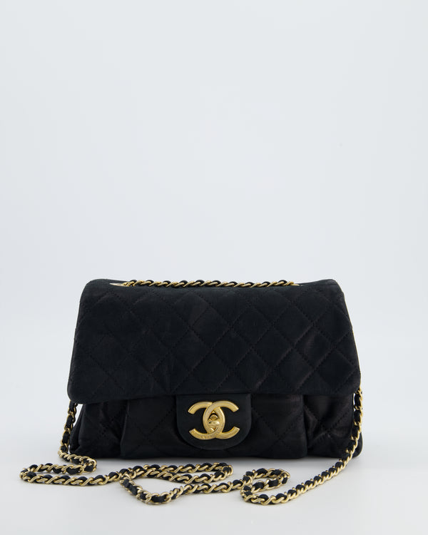 Chanel Navy Small Quilted Flap Bag In Coated Shimmery Calfskin Leather with Antique Gold Hardware