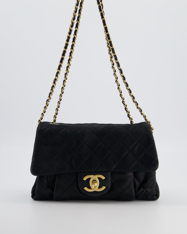 Chanel Navy Small Quilted Flap Bag In Coated Shimmery Calfskin Leather with Antique Gold Hardware