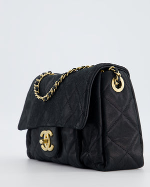 Chanel Navy Small Quilted Flap Bag In Coated Shimmery Calfskin Leather with Antique Gold Hardware