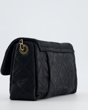 Chanel Navy Small Quilted Flap Bag In Coated Shimmery Calfskin Leather with Antique Gold Hardware