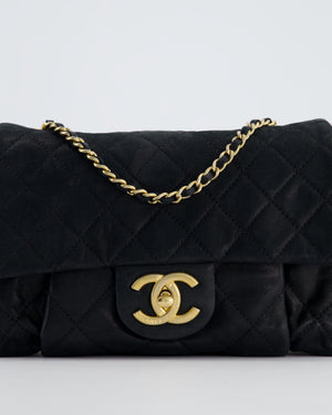 Chanel Navy Small Quilted Flap Bag In Coated Shimmery Calfskin Leather with Antique Gold Hardware