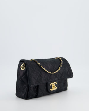 Chanel Navy Small Quilted Flap Bag In Coated Shimmery Calfskin Leather with Antique Gold Hardware