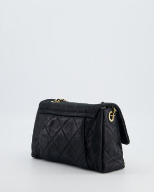 Chanel Navy Small Quilted Flap Bag In Coated Shimmery Calfskin Leather with Antique Gold Hardware
