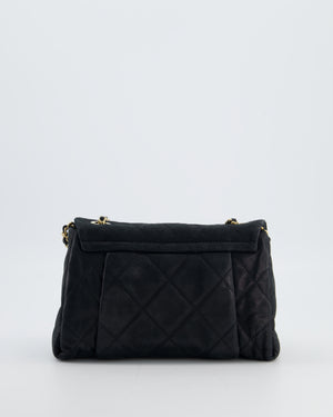 Chanel Navy Small Quilted Flap Bag In Coated Shimmery Calfskin Leather with Antique Gold Hardware