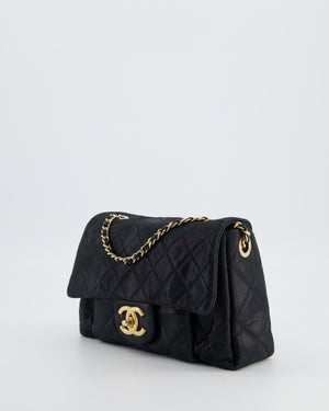 Chanel Navy Small Quilted Flap Bag In Coated Shimmery Calfskin Leather with Antique Gold Hardware