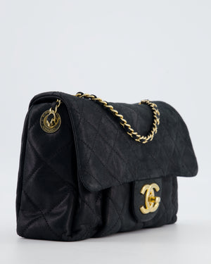 Chanel Navy Small Quilted Flap Bag In Coated Shimmery Calfskin Leather with Antique Gold Hardware
