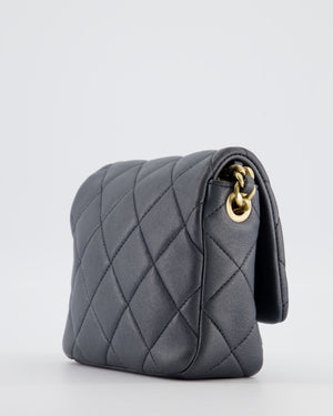 Chanel Dark Metallic Silver Small Flap Bag in Lambskin Leather with Gold Hardware and Chanel Charm Chain