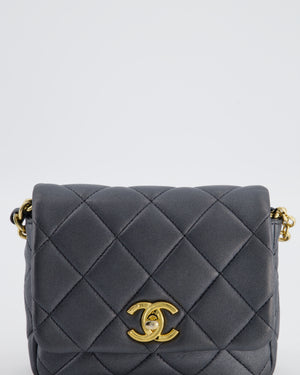 Chanel Dark Metallic Silver Small Flap Bag in Lambskin Leather with Gold Hardware and Chanel Charm Chain