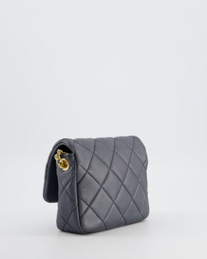 Chanel Dark Metallic Silver Small Flap Bag in Lambskin Leather with Gold Hardware and Chanel Charm Chain