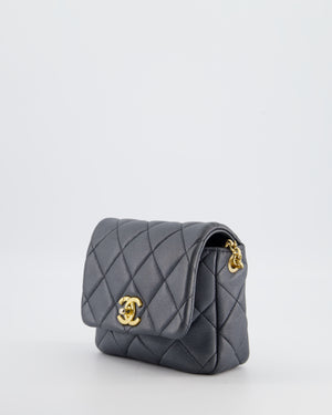 Chanel Dark Metallic Silver Small Flap Bag in Lambskin Leather with Gold Hardware and Chanel Charm Chain