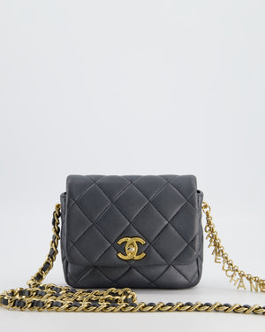 Chanel Dark Metallic Silver Small Flap Bag in Lambskin Leather with Gold Hardware and Chanel Charm Chain