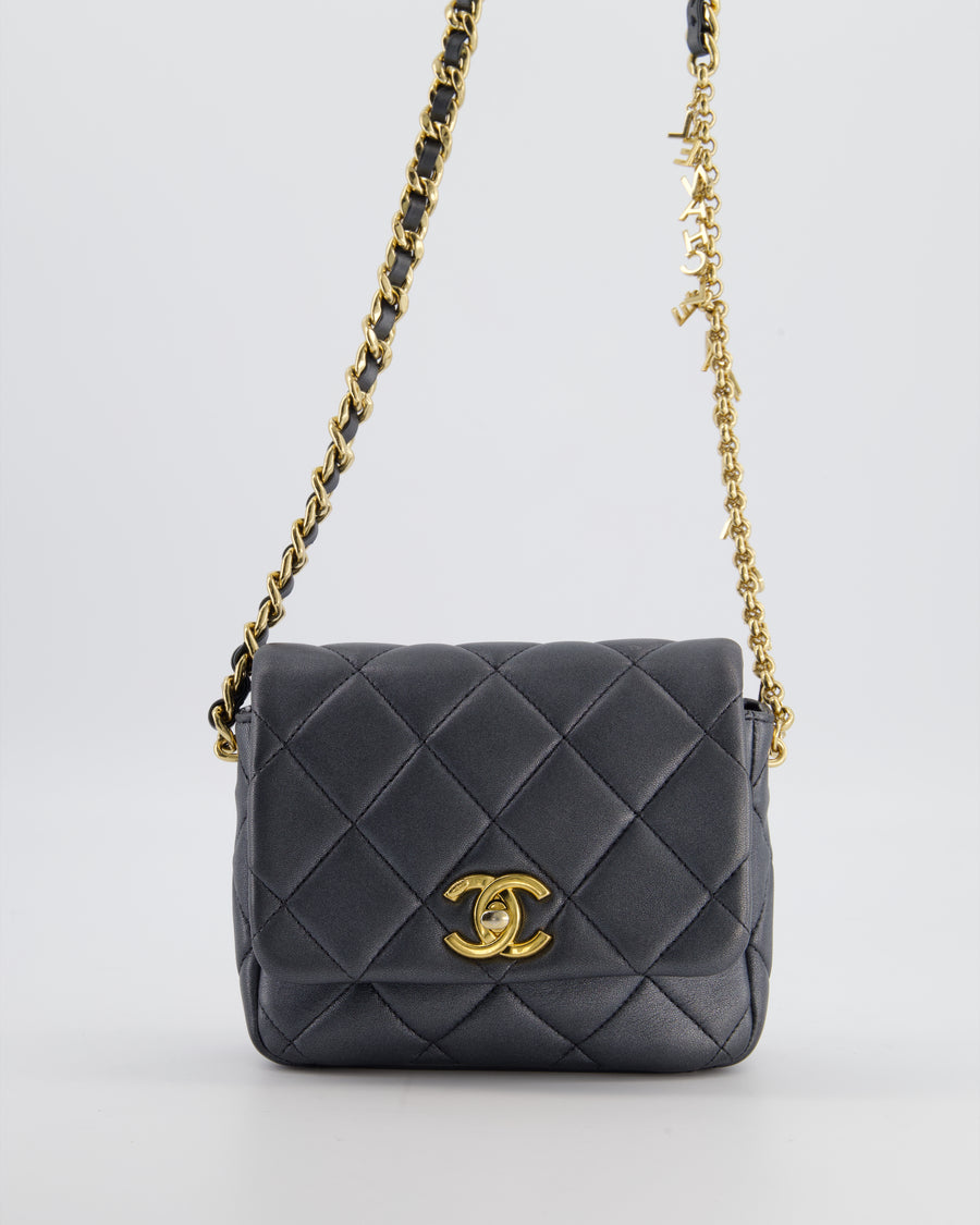 Chanel Dark Metallic Silver Small Flap Bag in Lambskin Leather with Gold Hardware and Chanel Charm Chain